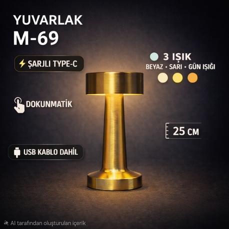 Şarjlı Dokunmatik Gold Masa Lambası M-69 – Type-C Şarjlı Yuvarlak Model