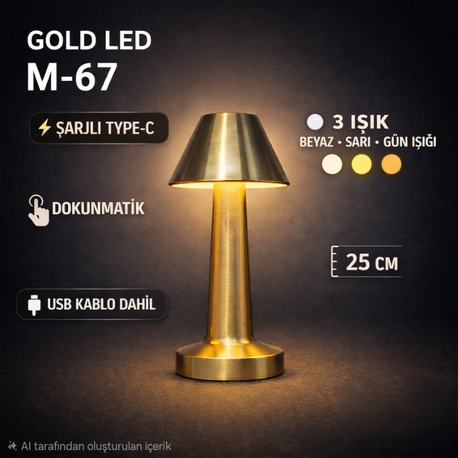 Şarjlı Dokunmatik Gold Masa Lambası M-67 – 3 Işık Modlu Abajur Model