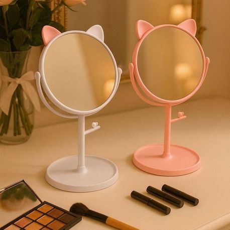 Pembe – Beyaz Kedi Kulaklı Make-Up Aynası | Masaüstü | Şık ve Kullanışlı