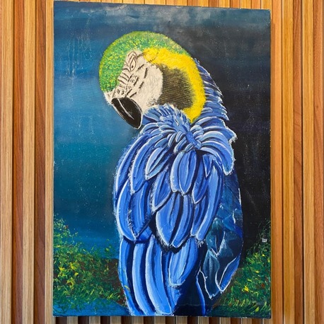 “Mavi Asalet” – 35x50 El Yapımı Akrilik Papağan Tablosu