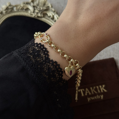 Kilit Kalp Detay Burgundy Bileklik | 14k vip