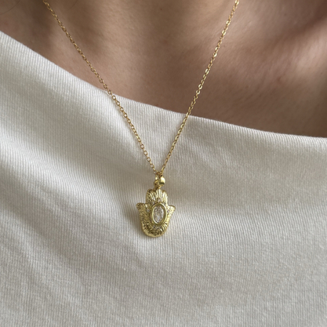 Taşlı Hamsa Kolye | Çelik