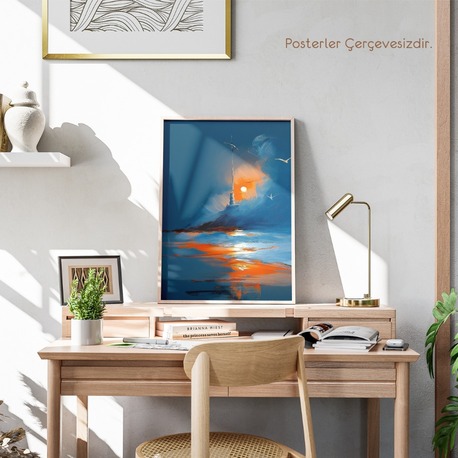 Yağlı Boya Görünümlü Günbatımı ve Fener Posteri
