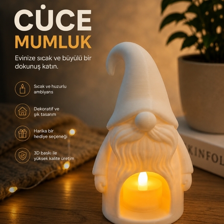 Dekoratif LED Mumluk Cüce Figürlü – 3D Baskı Gnome Tasarım, Sıcak Işıklı Dekorasyon