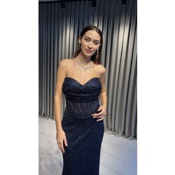 KOD 5269 KADIN BONCUKLU STRAPLEZ YAKA UZUN ABİYE ELBİSE