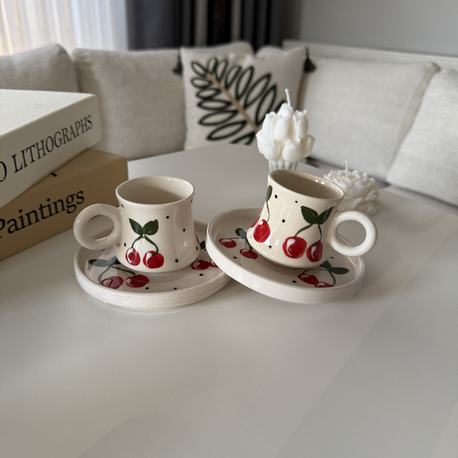 Kiraz Desenli 2’li Seramik Kahve Fincan Takımı (El Yapımı)