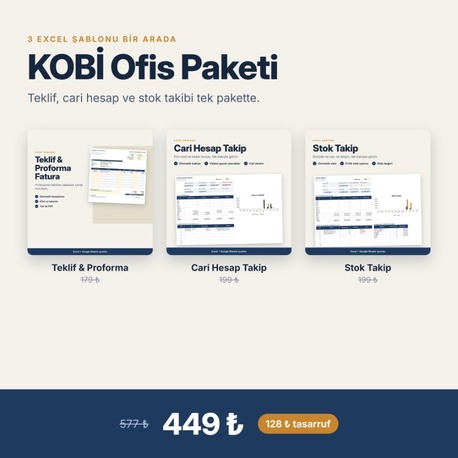 KOBİ Ofis Paketi – Teklif, Cari Hesap ve Stok Takip Excel Şablonları (3'lü Set)