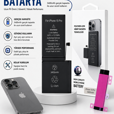 iPhone 15 Pro Yüksek Amperli Batarya(3400mAh)