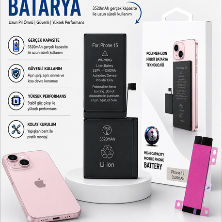 iPhone 15 Yüksek Amperli Batarya (3520mAh)