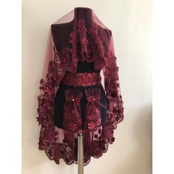 BORDO 3D ÇİÇEKLİ DUVAK & BELİ DANTELLİ KUŞAK ELDİVEN