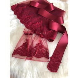 BORDO FRANSIZ DANTELLİ SET - DUVAK & KUŞAK & ELDİVEN