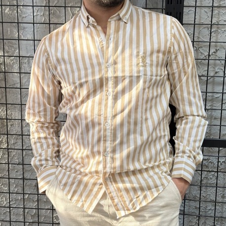 Oversize Kalın Çizgili Caramel Gömlek