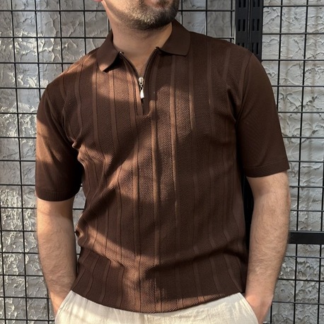 Slim Fit Çizgili Triko Kahverengi T-Shirt