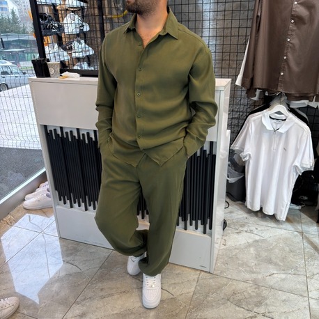 Keten Oversize Premium Takım Yeşil