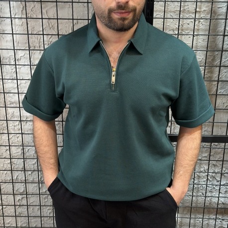 Fermuarlı Polo Yaka Yeşil T-Shirt %100 Pike