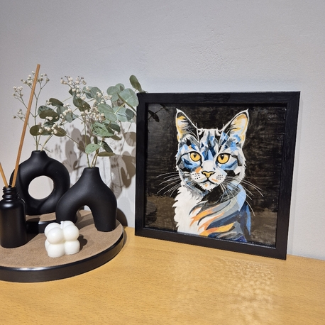 El Yapımı Kedi Figürlü Seramik Karo Tablo + Siyah Çerçeve