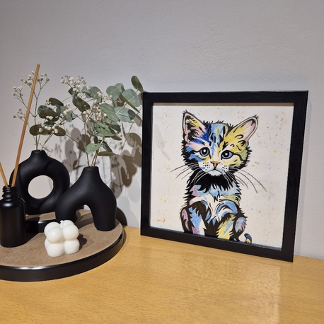 El Yapımı Kedi Figürlü Seramik Karo Tablo + Siyah Çerçeve
