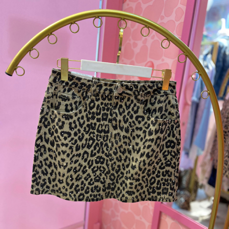 Taşlı leopar denim etek