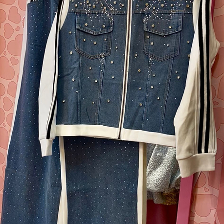 Taşlı jean detaylı ikili takım