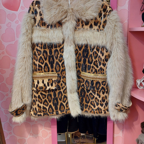 Leopar&pul payet detaylı peluş ceket