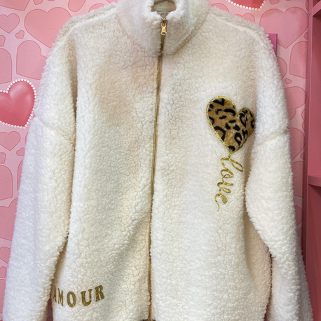 Leopar detaylı polar ceket 