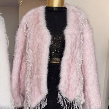 Pembe taş püskül detaylı peluş kürk