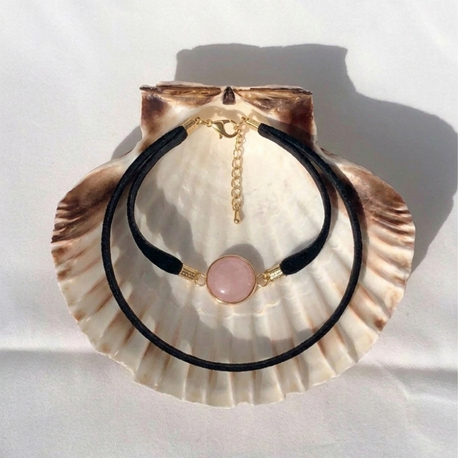 Pembe Kuvars Doğal Taş Choker Kolye 