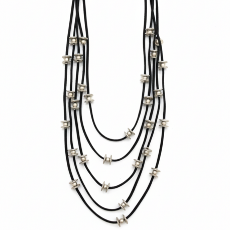 Çok Katmanlı Siyah İp Kolye Antik Gümüş Kaplama Detaylı Tasarım Kolye