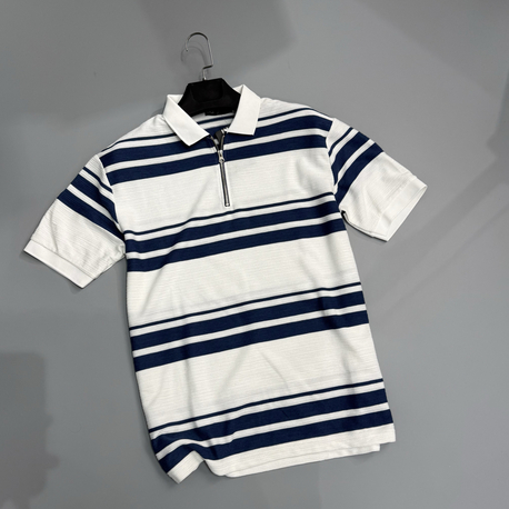 Ekru lacivert fermuar polo yaka