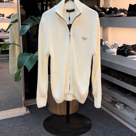 Prada Full Zip Ribbed Knit Sweater Beyaz