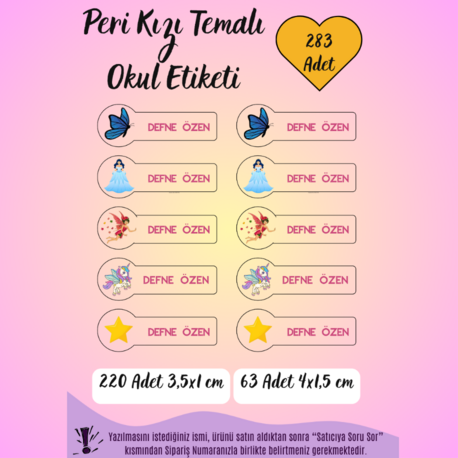 283 Adet Kişiye Özel Peri Kızı Temalı Okul Etiketi