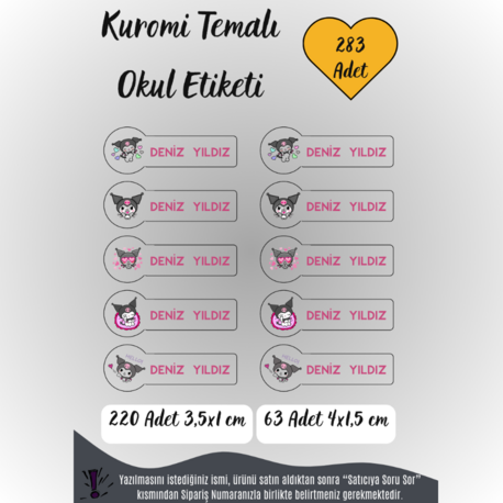 283 Adet Kişiye Özel Kuromi Temalı Okul Etiketi