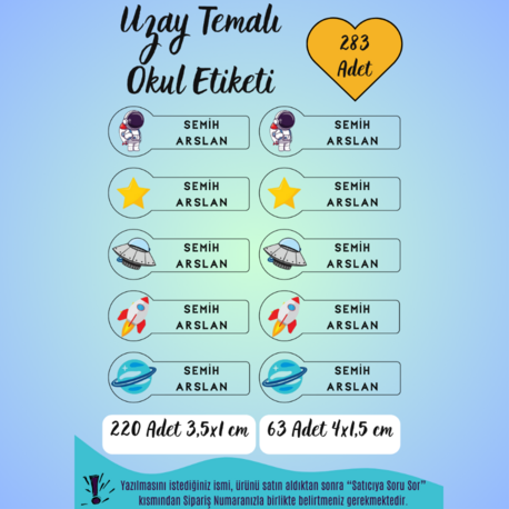 283 Adet Kişiye Özel Uzay Temalı Okul Etiketi