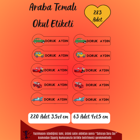 283 Adet Kişiye Özel Araba Temalı Okul Etiketi