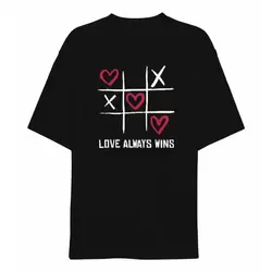 14 Şubat Sevgililer Günü Love Always Wins Baskılı Oversize Bisiklet Yaka T-shirt - Siyah