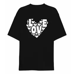 14 Şubat Sevgililer Günü Love Kalp Baskılı Oversize Bisiklet Yaka T-shirt - Siyah
