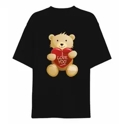 14 Şubat Sevgililer Günü I Love You Ayı Baskılı Oversize Bisiklet Yaka T-shirt - Siyah