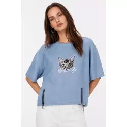 Kedi Baskılı T-Shirt Kısa Kol Bisiklet Yaka Rahat Kalıp Tişört - Mavi