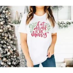 Yılbaşı Noel Baskılı Kısa Kollu Oversize Bisiklet Yaka T-shirt - Beyaz