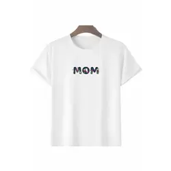 Anneler Günü Hediye Mom Çiçek Baskılı Oversize Bisiklet Yaka T-shirt - Beyaz