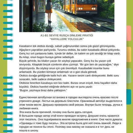 "HAYALLERE YOLCULUK" A1-B1 SEVİYE RUSÇA ÇALIŞMA METNİ + GRAMER ANLATIMI + SÖZLÜK