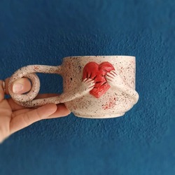  Kalp Tasarım Benekli El Yapımı Seramik Kahve Kulplu Mug/Kupa/Bardak