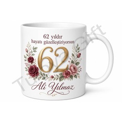 Klasik Porselen 62 Yaş Doğum Günü Hediyesi Çay Kupası Baskılı Bardak