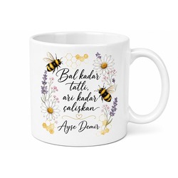 İsimli Arı Desenli Baskılı Kupa Bardak Hediye Özel Tasarım Porselen Mug