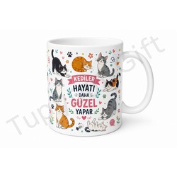 Kedili Tasarım Baskılı Kupa Bardak Kedi Severler İçin Hediye Porselen Mug