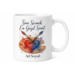 Seni Sevmek En Güzel Sanat Boya Paleti Çift Fırça Çizimli Porselen Kupa Bardak Hediye