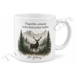 Geyik Temalı Doğa Sever Baskılı Kupa Bardak Hediye Porselen Mug
