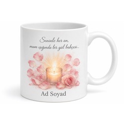 Romantik Mum Işığı Gül Yaprağı Pastel Pembe Kupa Bardak Sevgiliye Hediye