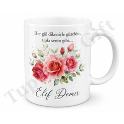 Gül Desenli Baskılı Kupa Bardak Hediye Özel Tasarım Porselen Mug