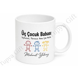 Üç Çocuk Babası Yazılı Esprili Kupa Bardak Babalar Günü Hediyesi